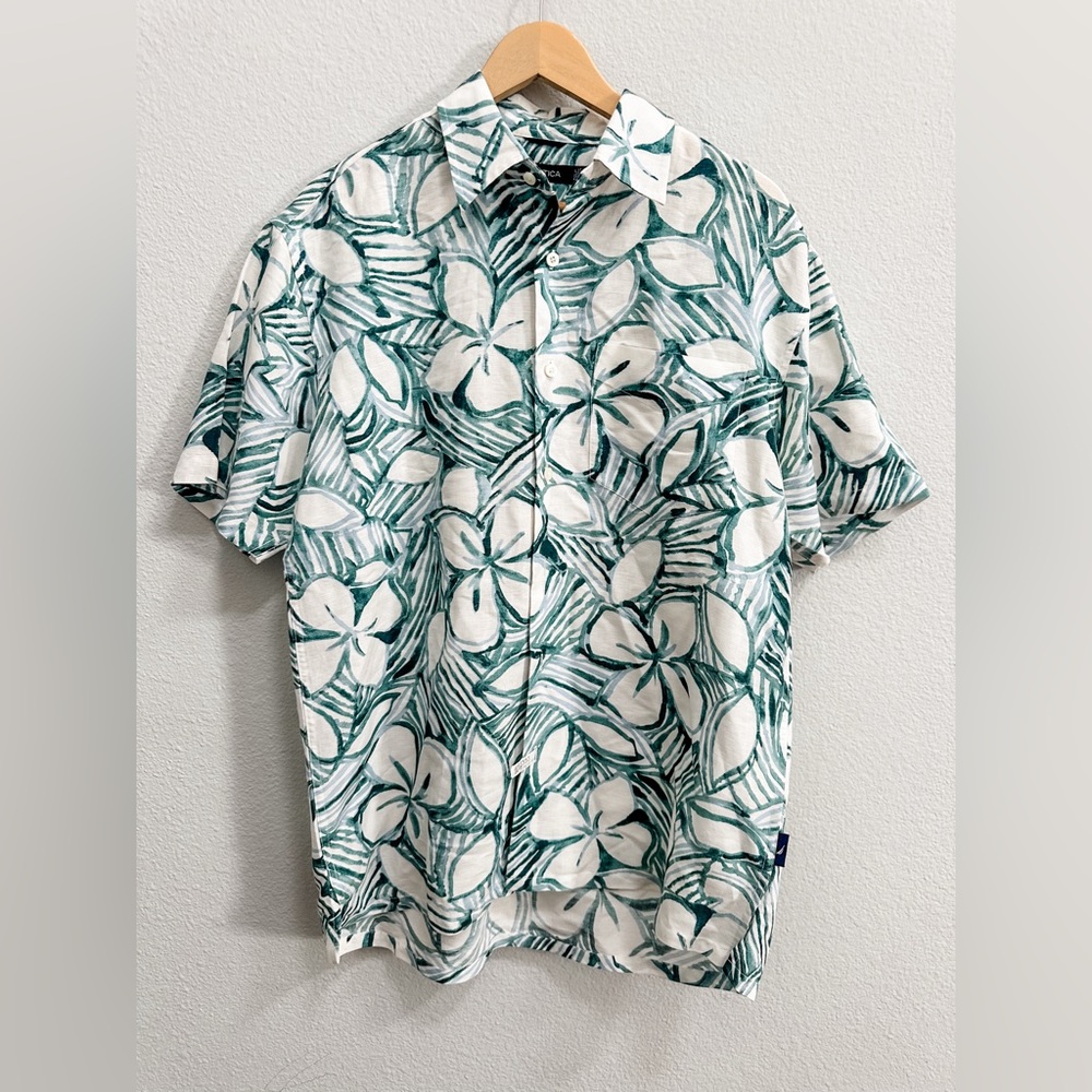 NAUTICA Floral Green and White Men's linen Shirt
